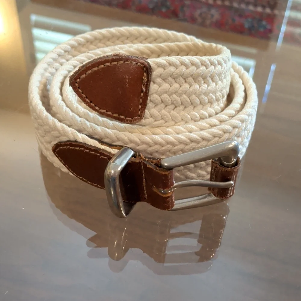 Women's Cream/Ecru Woven Belt with Brown Leather Accents & Silver Buckle